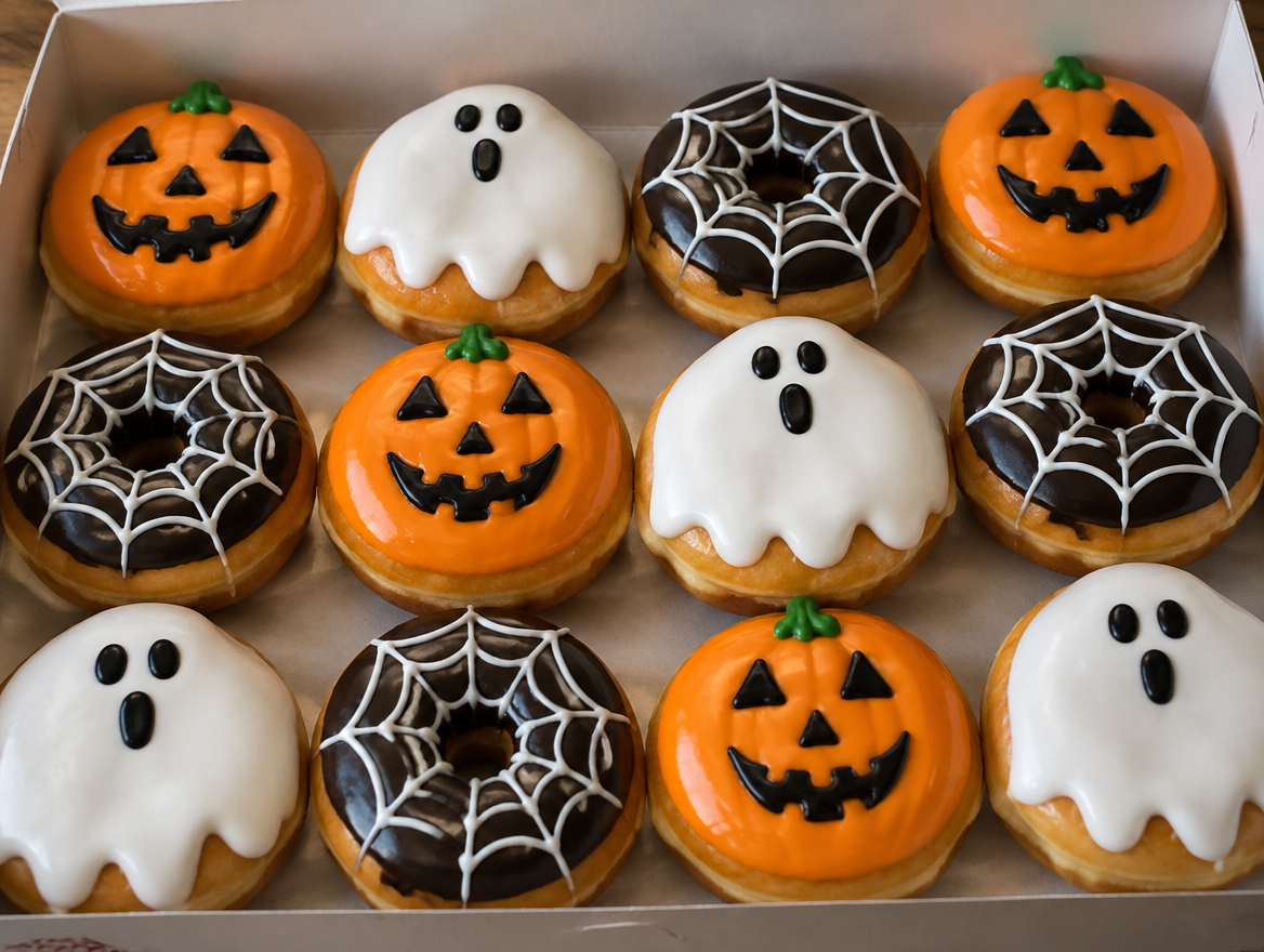 A dozen Halloween-decorated glazed doughnuts from Krispy Kreme Singapore