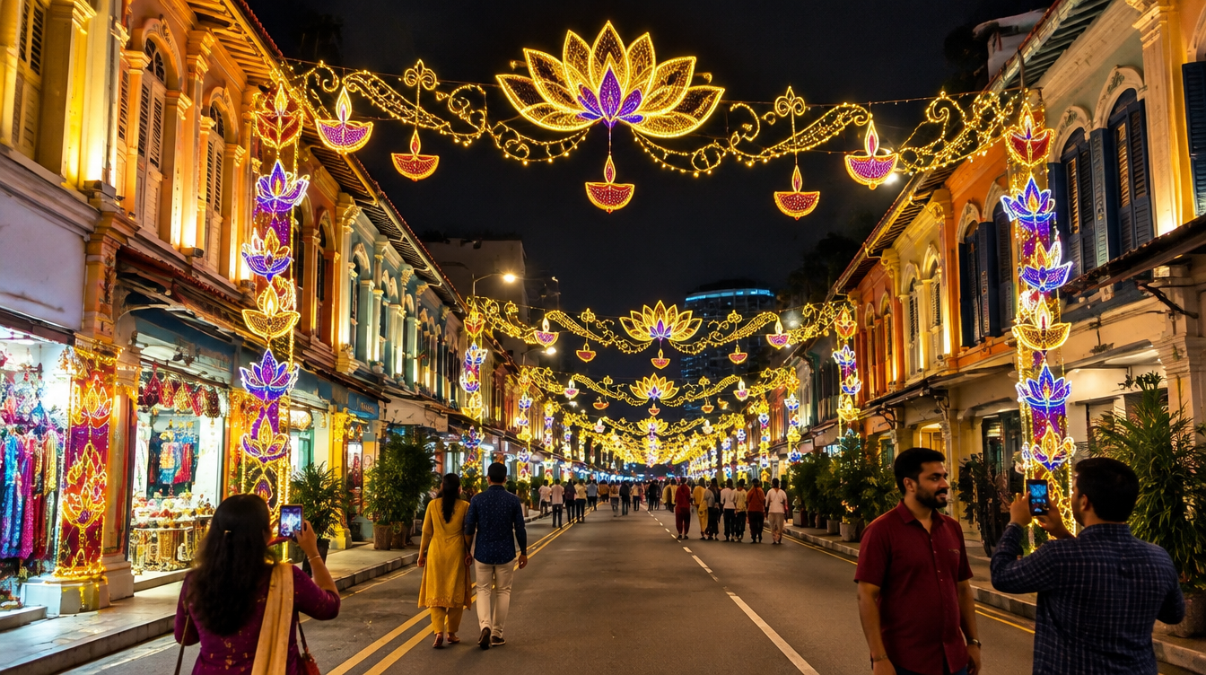 Decorated street with golden Deepavali light installations in Little India, Singapore