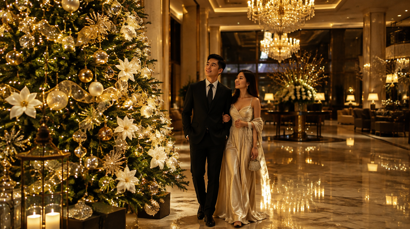 Elegantly dressed couple admiring a gold and white Christmas tree in a luxury hotel lobby