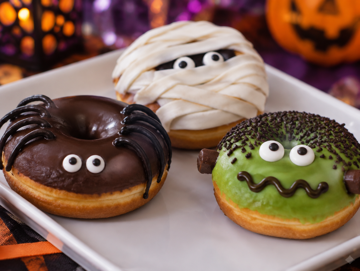 Halloween-themed doughnuts decorated as a spider, mummy and monster from Mister Donut Singapore