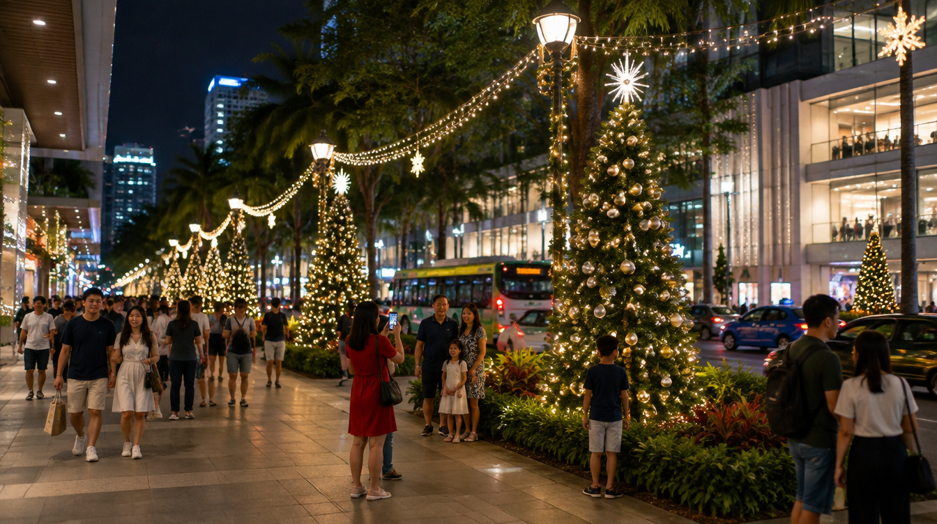 Illuminated Christmas trees and fairy lights along Orchard Road at night with crowds strolling past