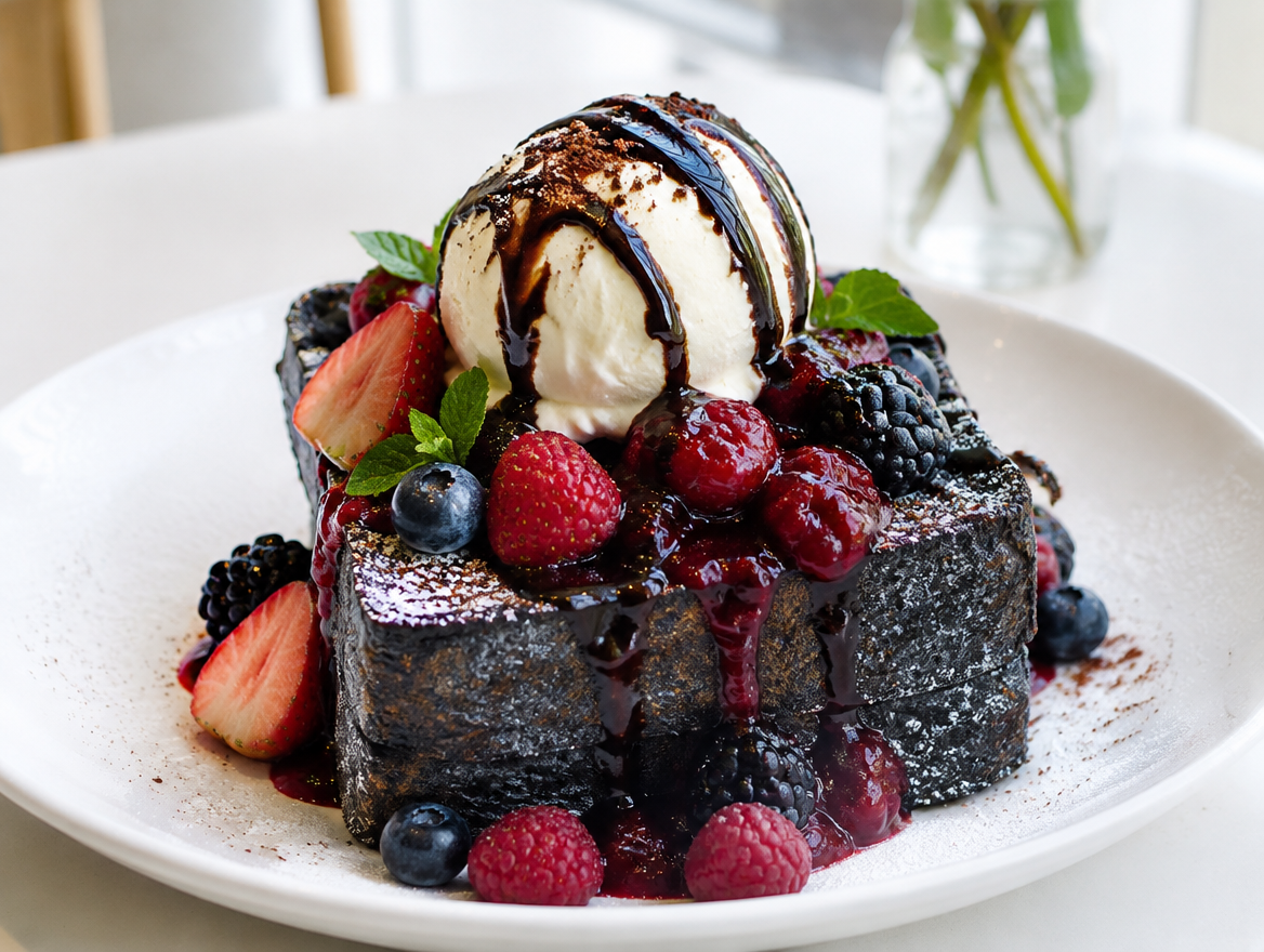 A dark charcoal dessert with ice cream and berry compote at PAZZION Cafe in Jewel Changi Airport