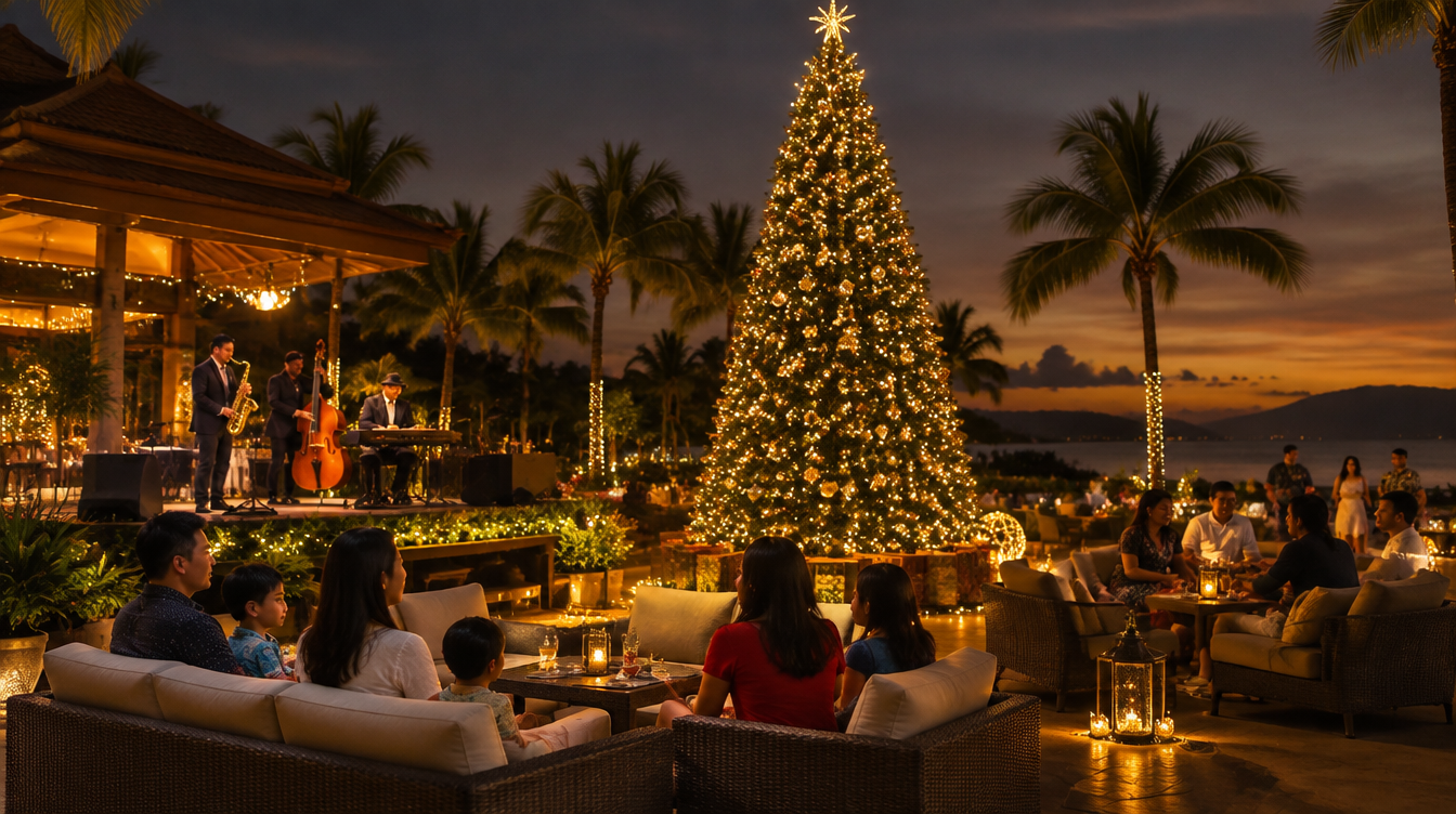 Outdoor resort plaza at night with a lit Christmas tree and live band performing for guests