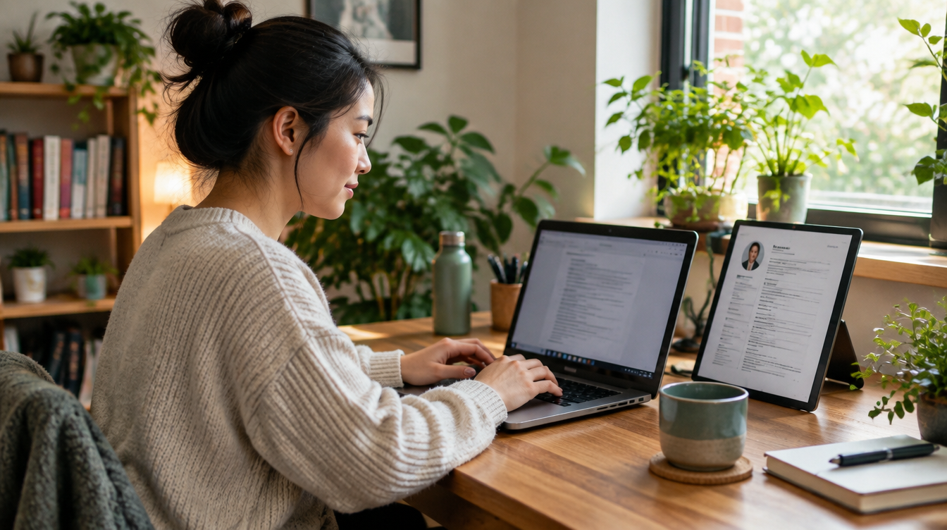 Resume writer typing at a home office desk in Singapore