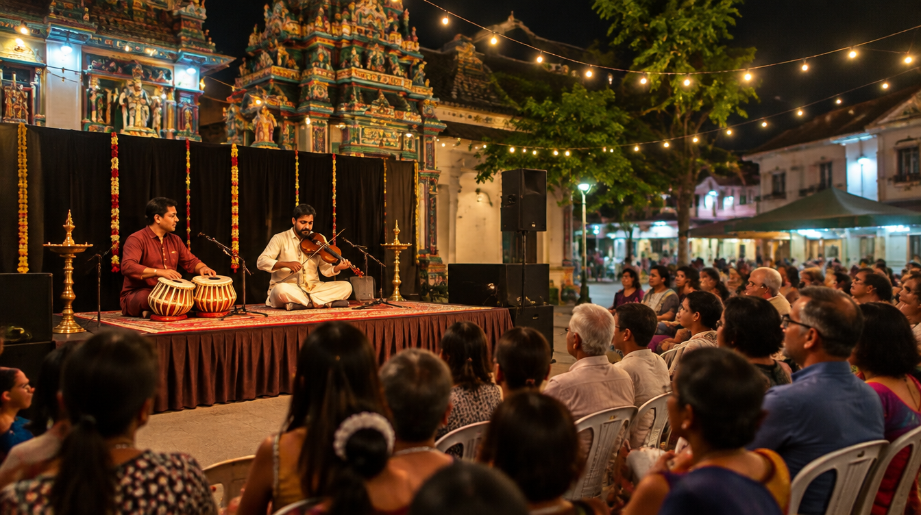 Musicians performing Carnatic music on an outdoor stage at night during Deepavali