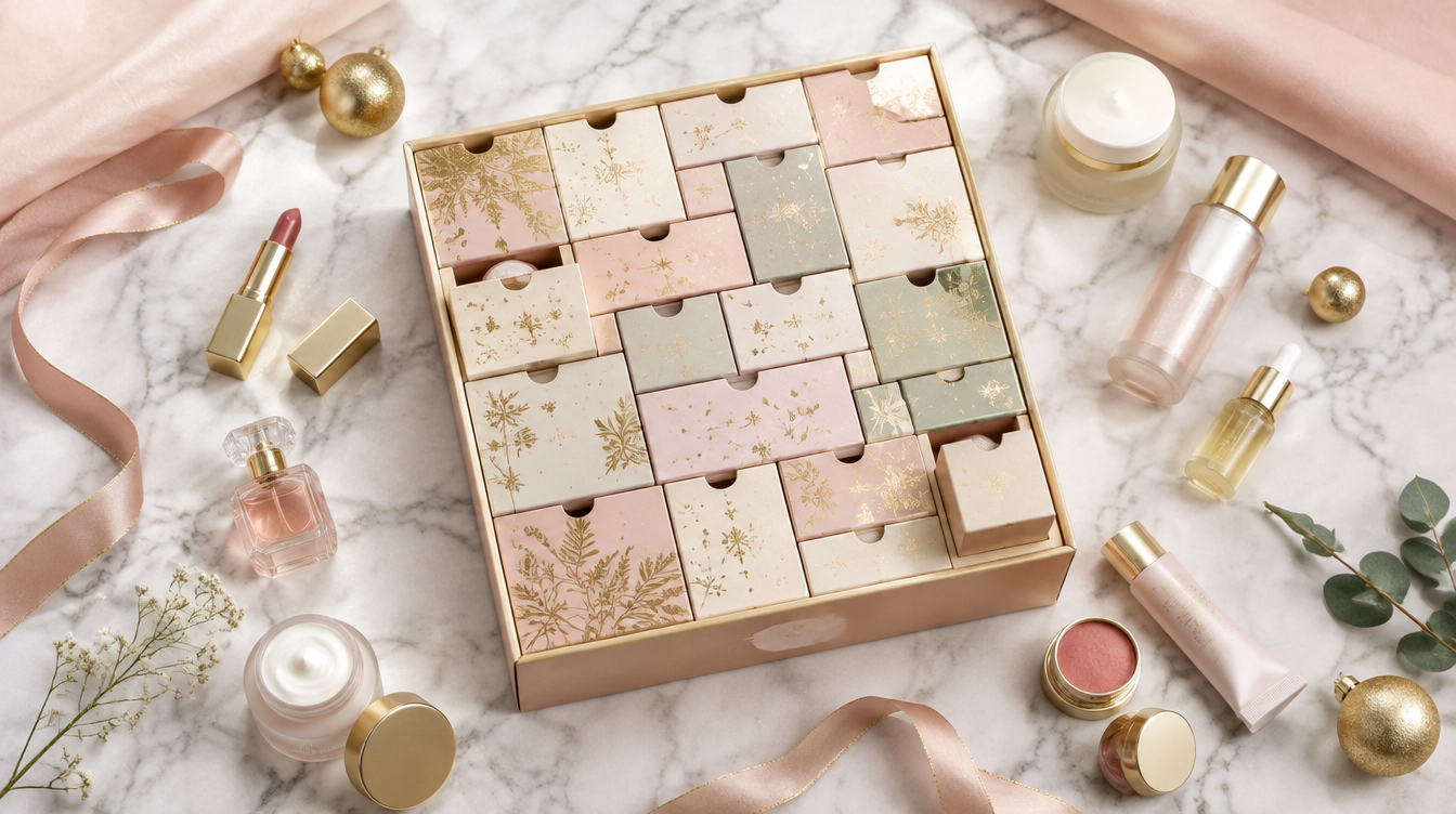 Beauty advent calendar flat lay with cosmetics, illustrative image
