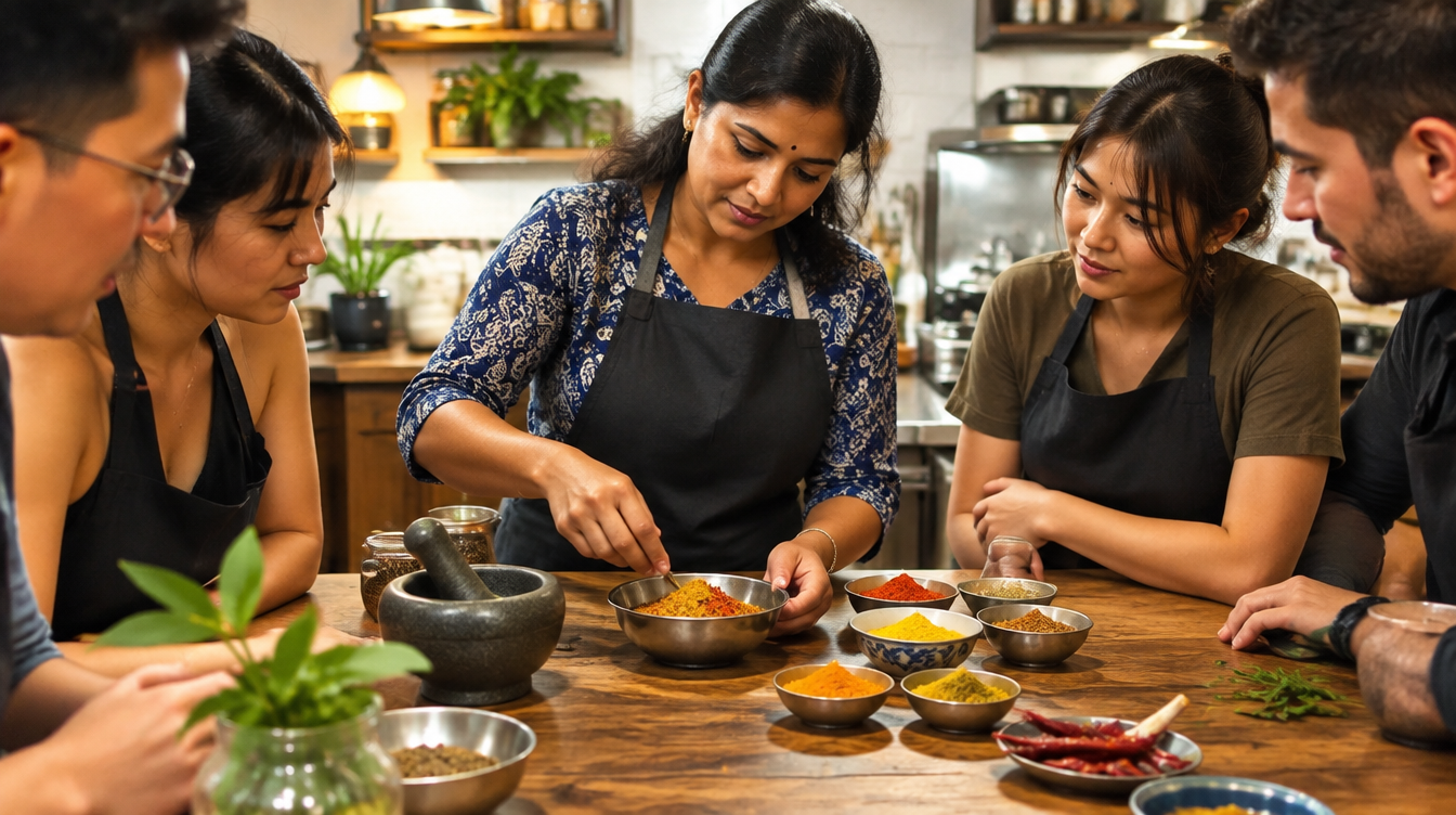 Instructor guiding participants through blending spices at a hands-on cooking workshop