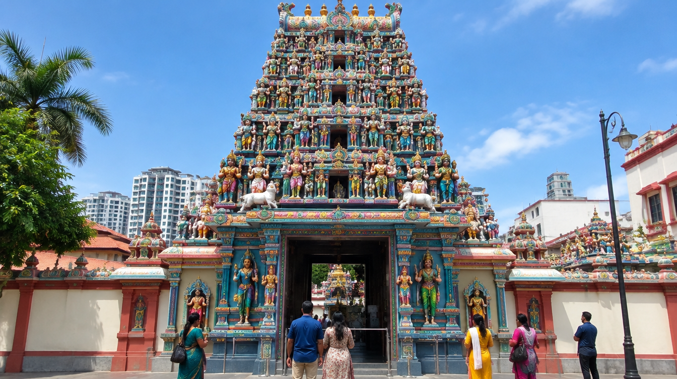Ornate gopuram tower entrance of Sri Veeramakaliamman Temple in Little India, Singapore