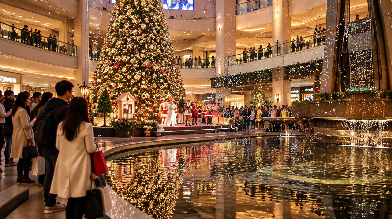 Shoppers watching a festive show beside a Christmas tree and fountain in a mall atrium