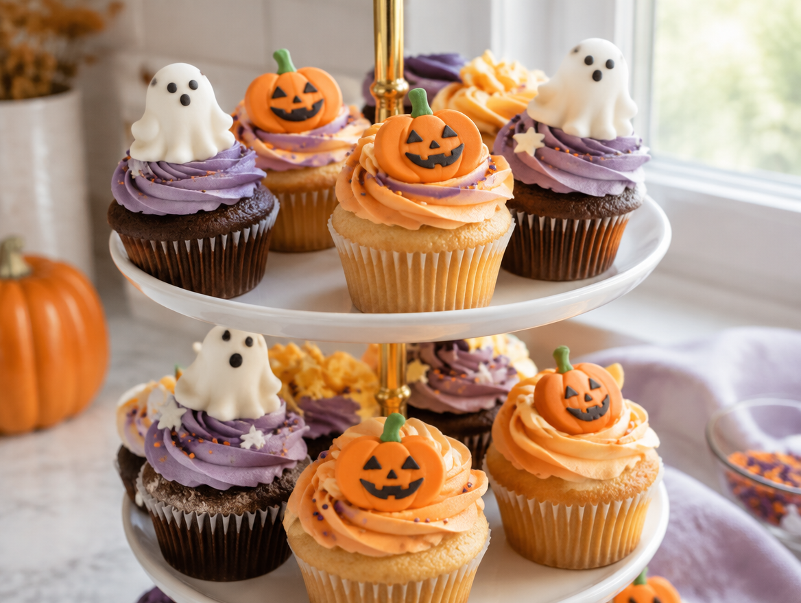 Mini Halloween-themed cupcakes topped with fondant ghosts and pumpkins from Sweetest Moments