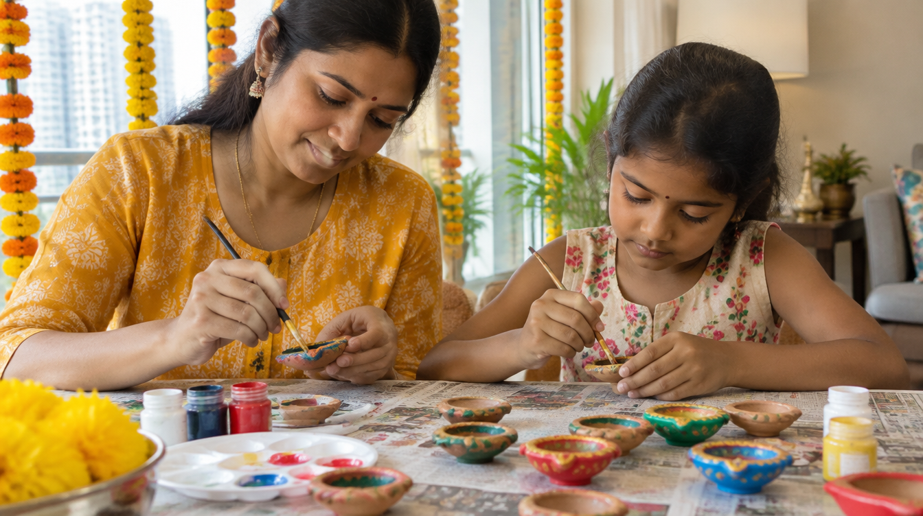 Parent and child painting clay diya oil lamps at a festive craft workshop