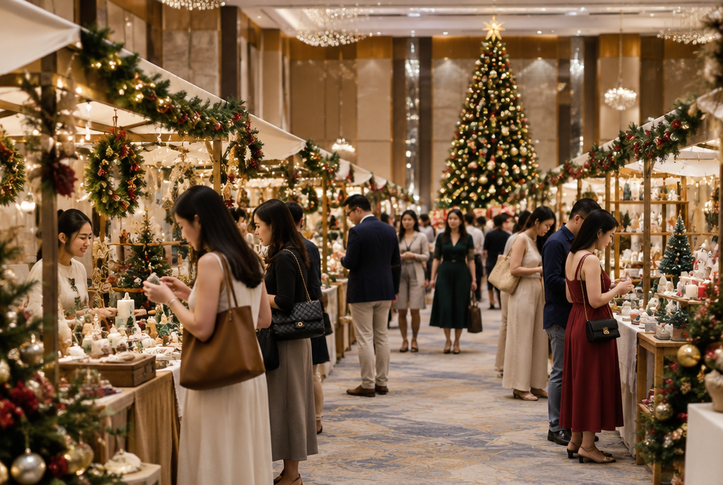 Shoppers browsing artisanal gift stalls at an indoor holiday market hall