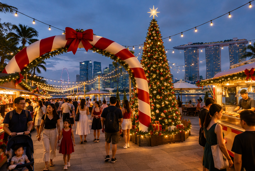 Visitors walking under a candy cane archway at an outdoor Christmas market in Singapore