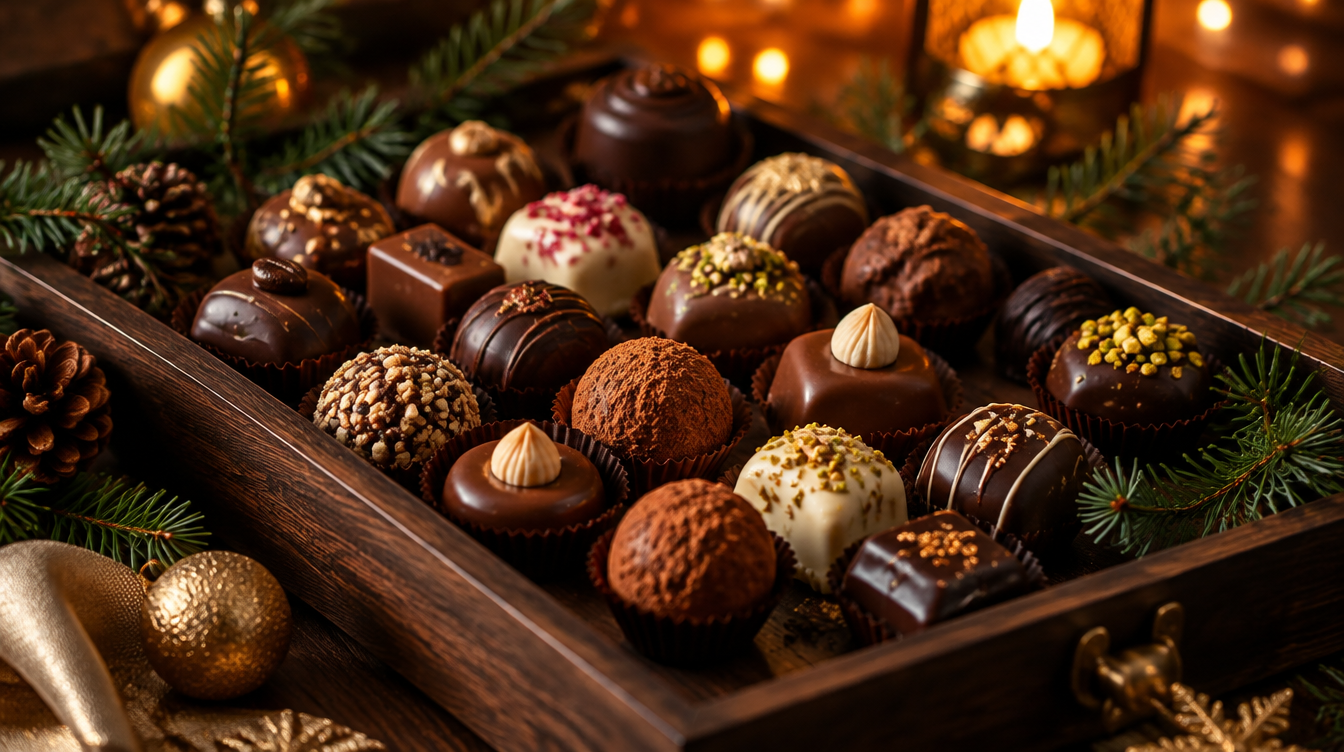 Assorted gourmet chocolates arranged on a wooden tray, illustrative image