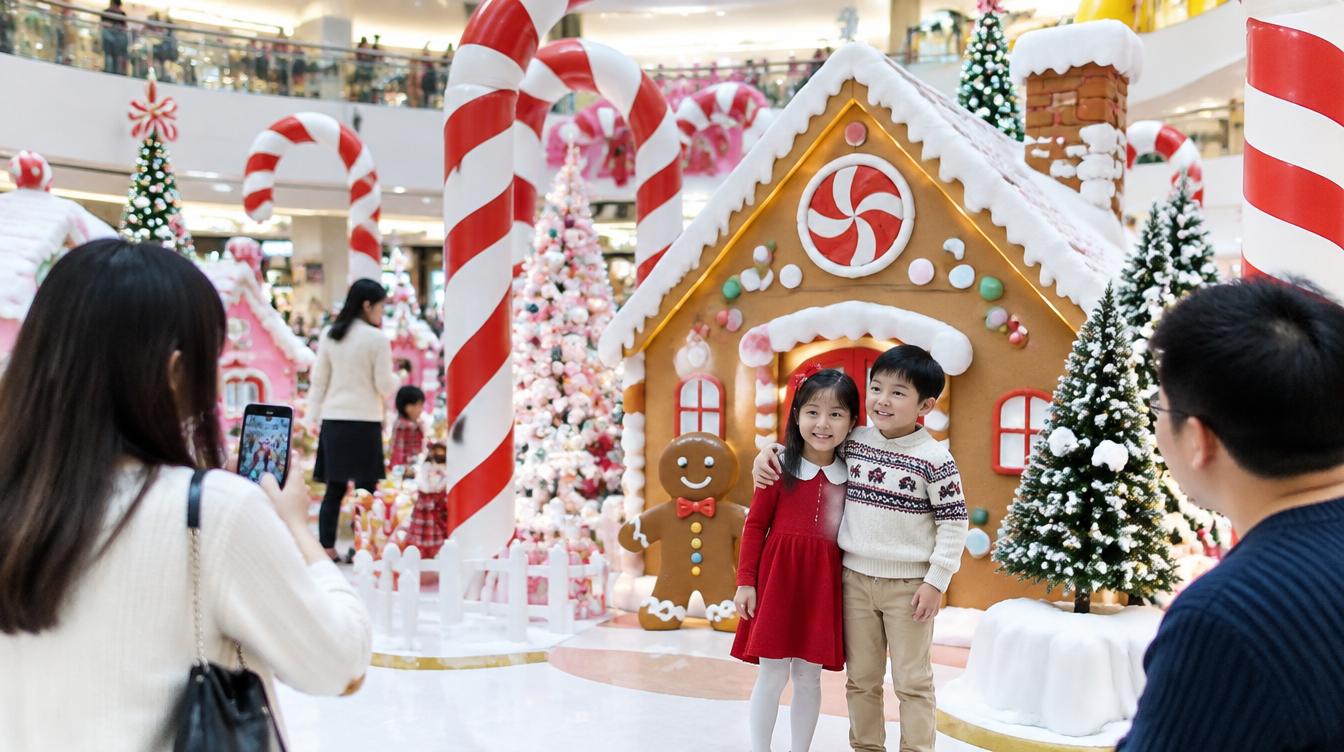Children posing for photos beside giant candy cane and gingerbread house decorations in a shopping mall atrium
